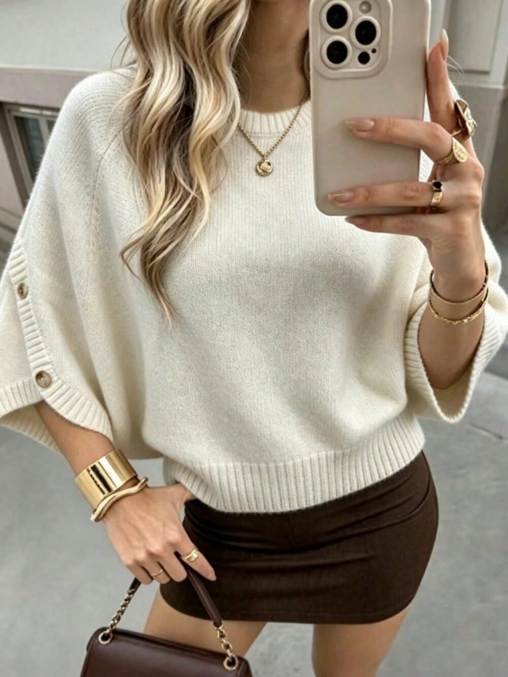 Apricot Casual Women's Round Neck Batwing Sleeve Knit  Sweater Top